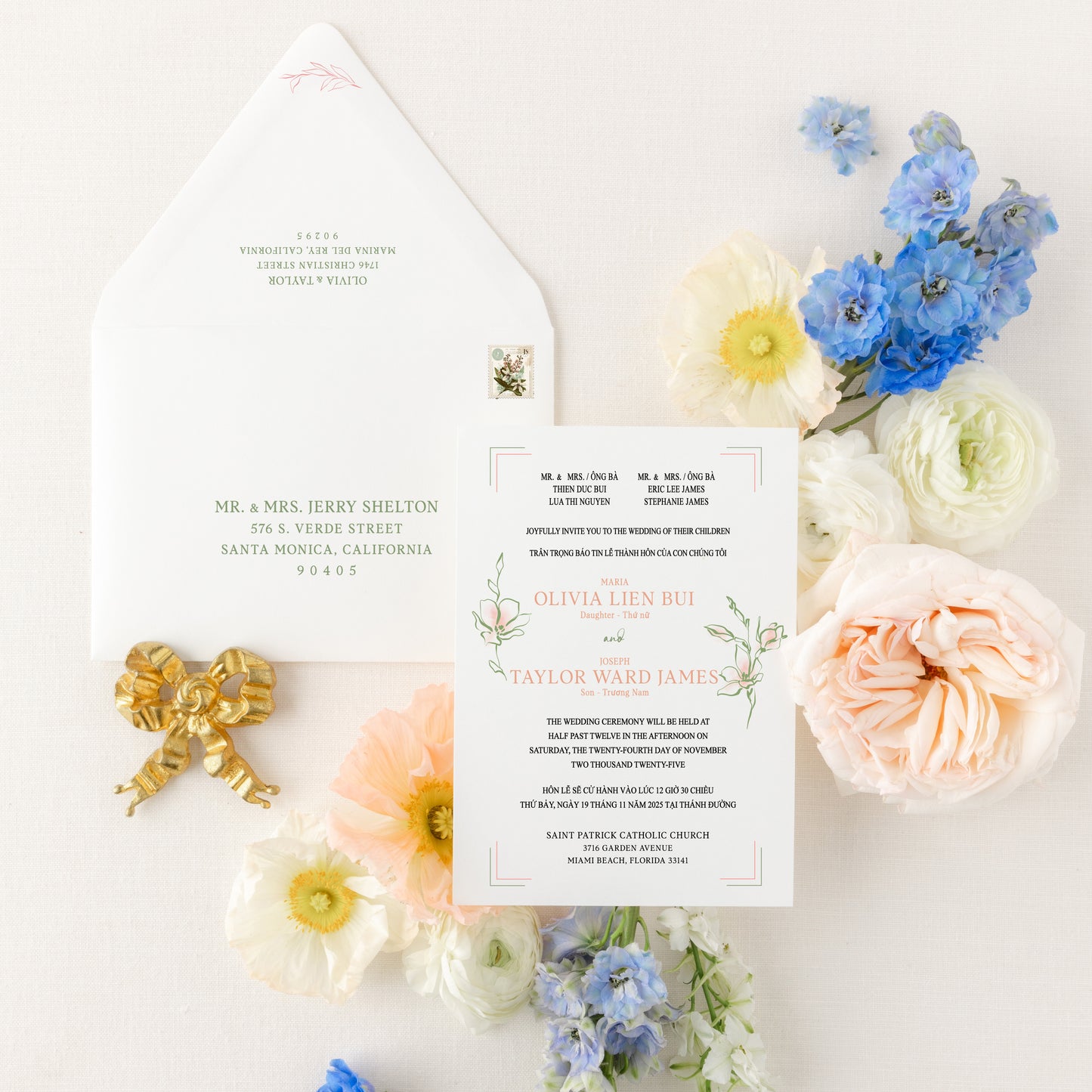 CHARLIZE | Bilingual Vietnamese Wedding Invitation Suite Bundle with 3" Square Photo Magnet Button Option