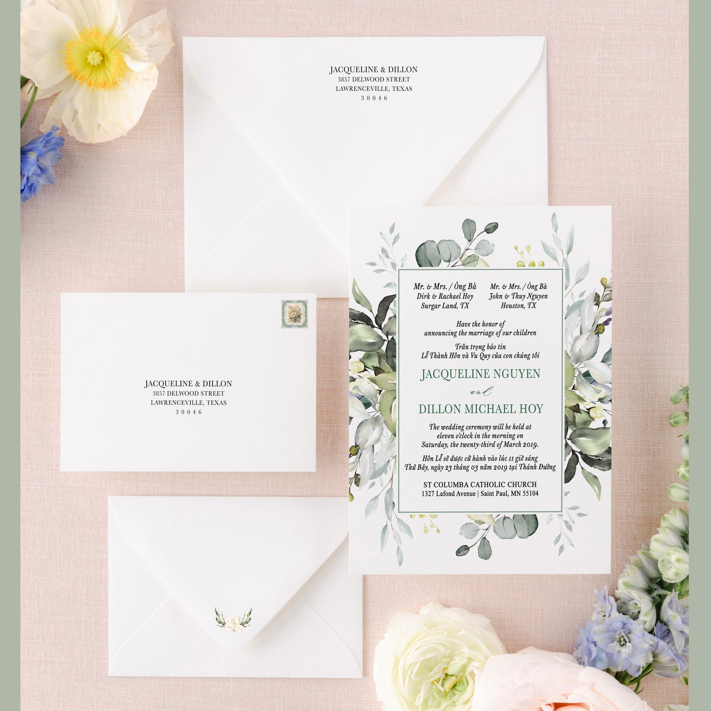 GRACE | Lush Greenery Bilingual Vietnamese Wedding Invitation Suites
