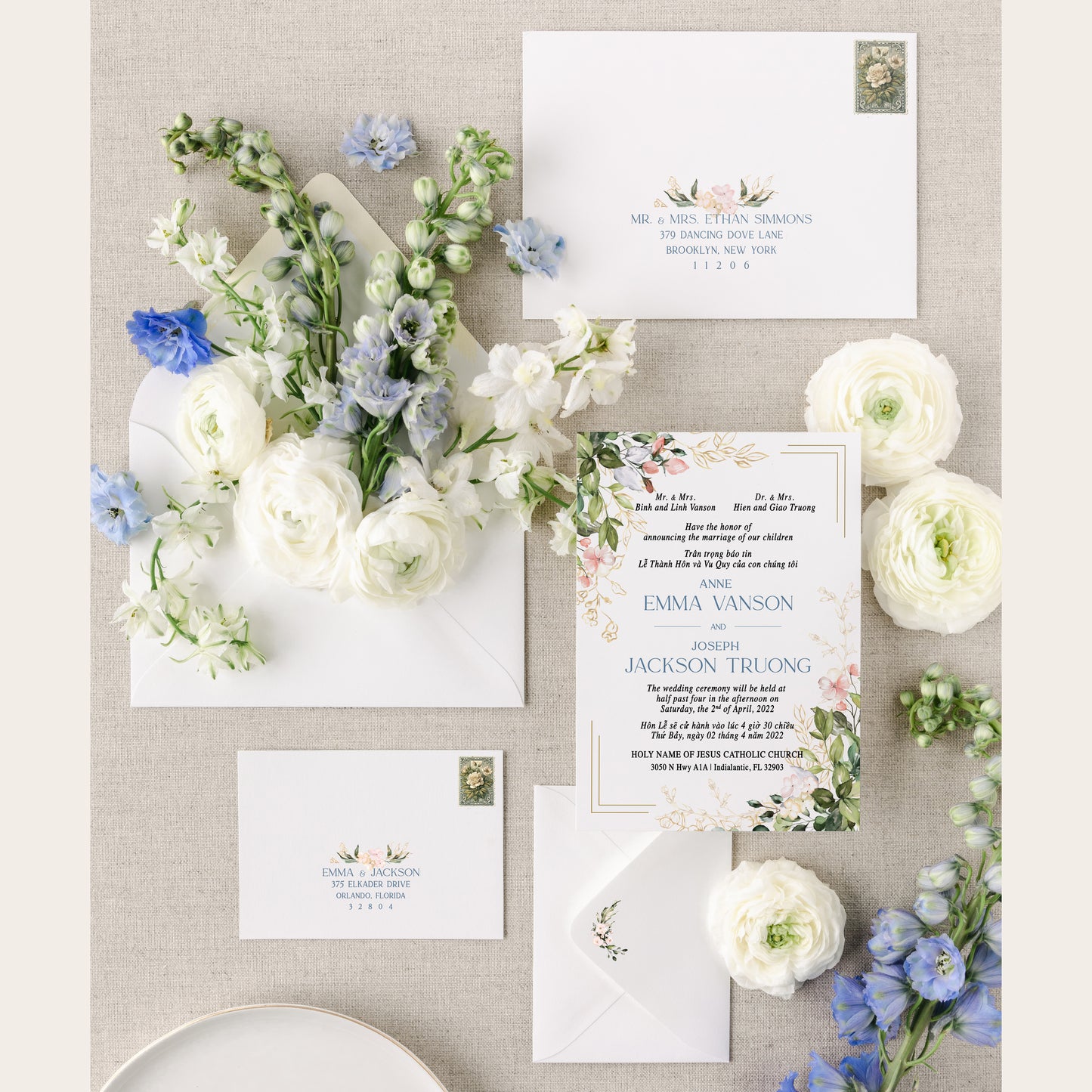 RACHEL | Bilingual Vietnamese Wedding Invitation Suite Bundle with 3" Square Photo Magnet Button Option