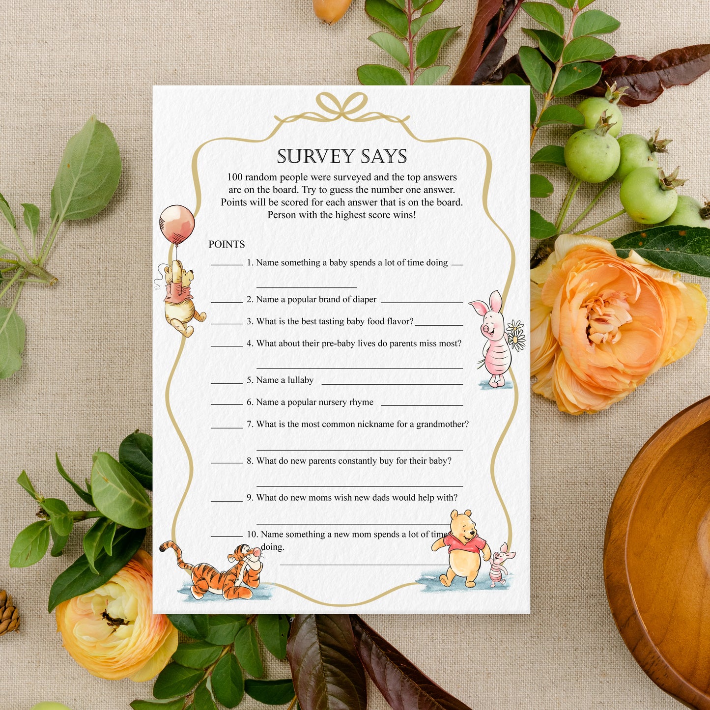 Winnie the Pooh Baby Shower Game Cards