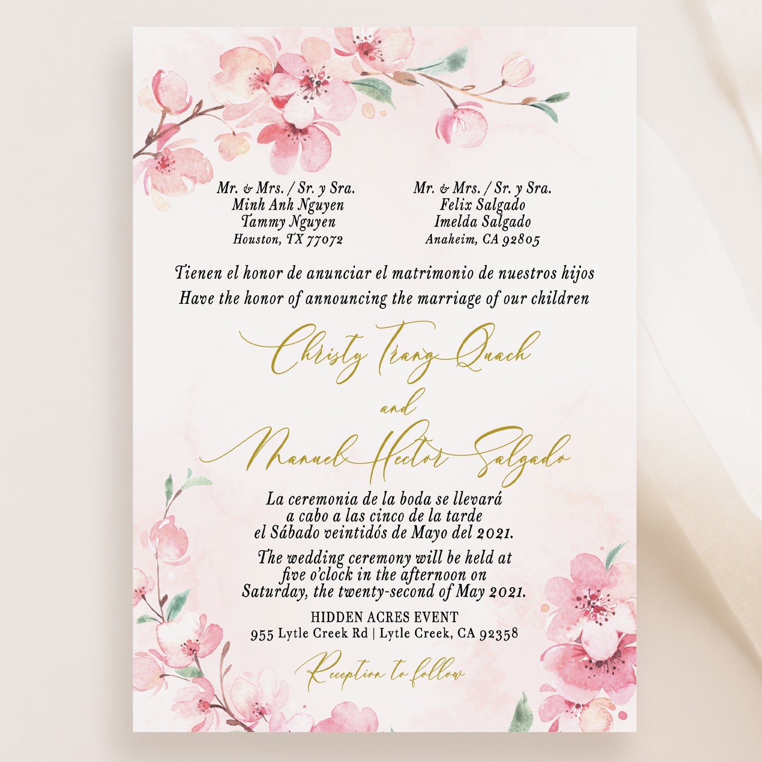 Emma Bilingual Spanish Cherry Blossoms Wedding Invitation Suites Emma Bilingual Spanish Cherry Blossoms Wedding Invitation Suites