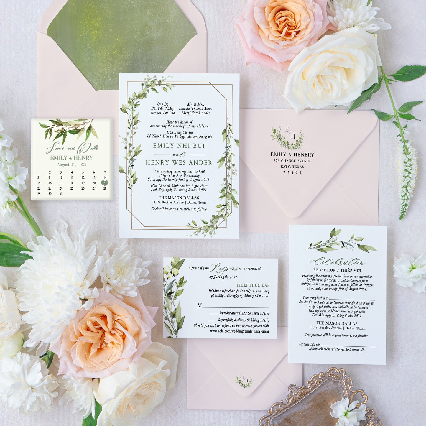 ABIGAIL | Bilingual Vietnamese Wedding Invitation Suite Bundle with 3" Square Photo Magnet Button Option