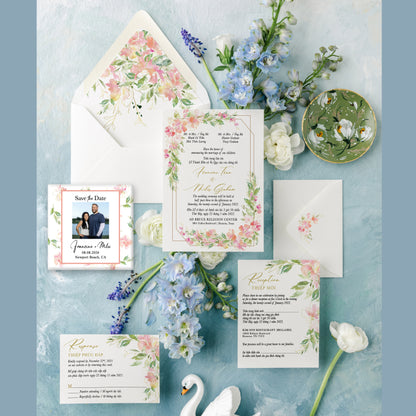 ADDISON | Bilingual Vietnamese Wedding Invitation Suite Bundle + 3" Square Photo Magnet Button Bundle Option