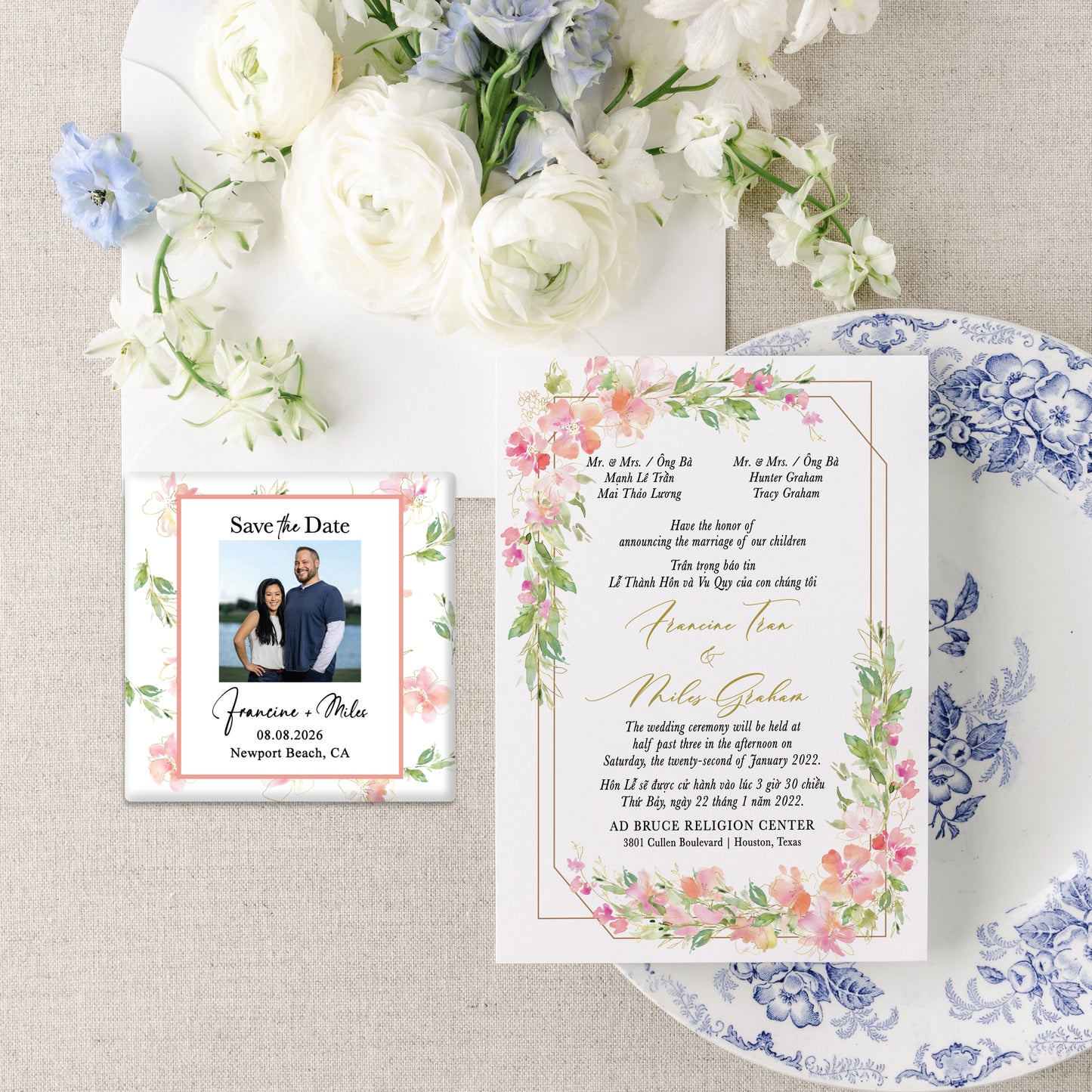 ADDISON | Bilingual Vietnamese Wedding Invitation Suite Bundle + 3" Square Photo Magnet Button Bundle Option