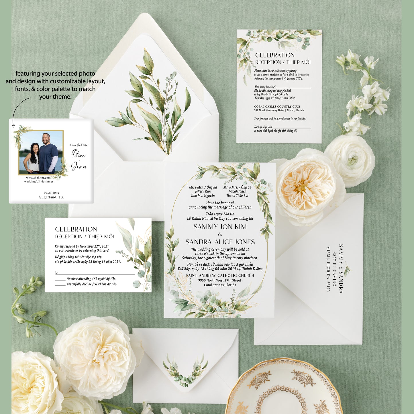 ADELE | Bilingual Vietnamese Wedding Invitation Suite Bundle with 3" Square Photo Magnet Button Option