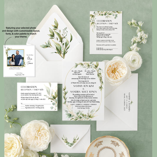 ADELE | Bilingual Vietnamese Wedding Invitation Suite Bundle with 3" Square Photo Magnet Button Option