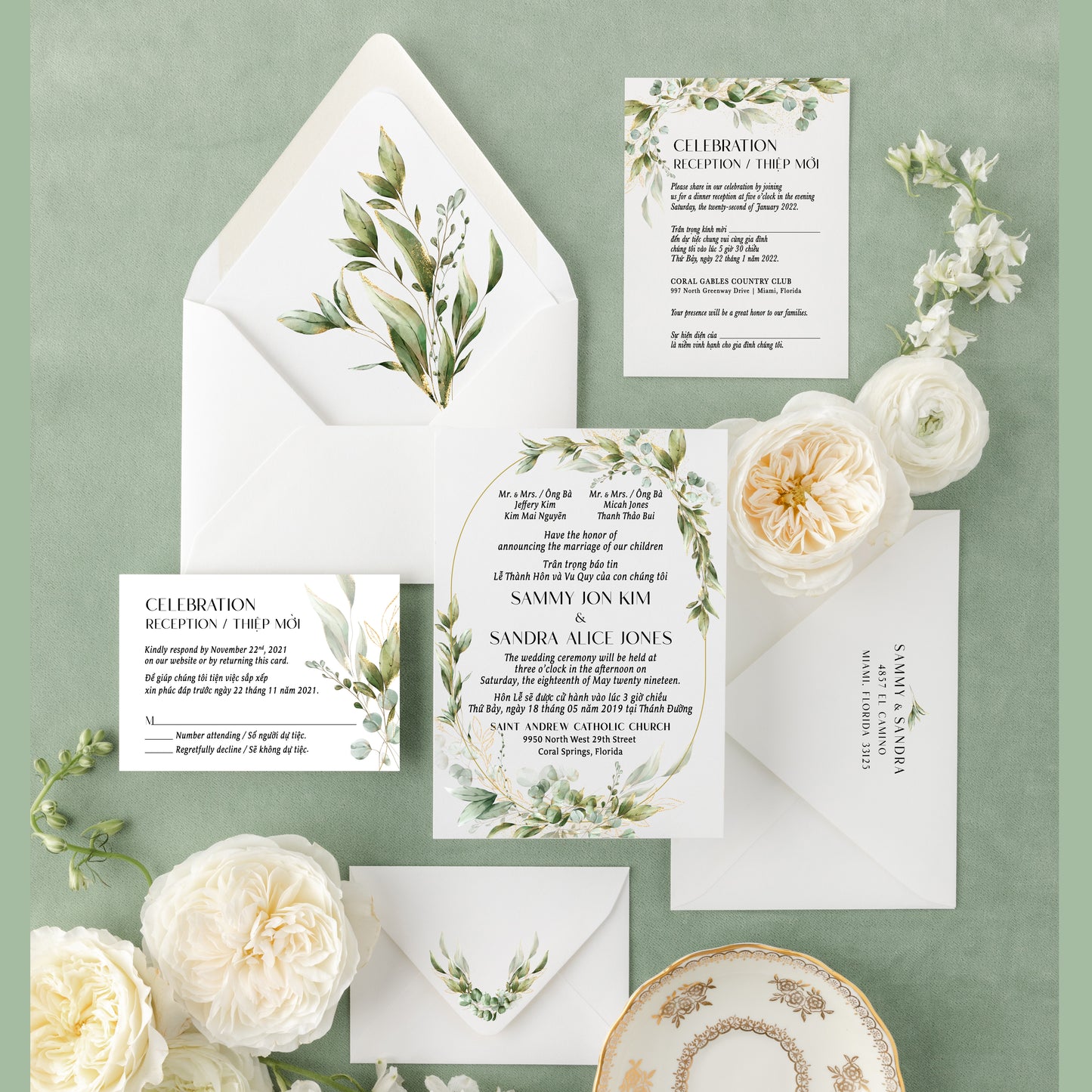 ADELE | Bilingual Vietnamese Wedding Invitation Suite Bundle with 3" Square Photo Magnet Button Option