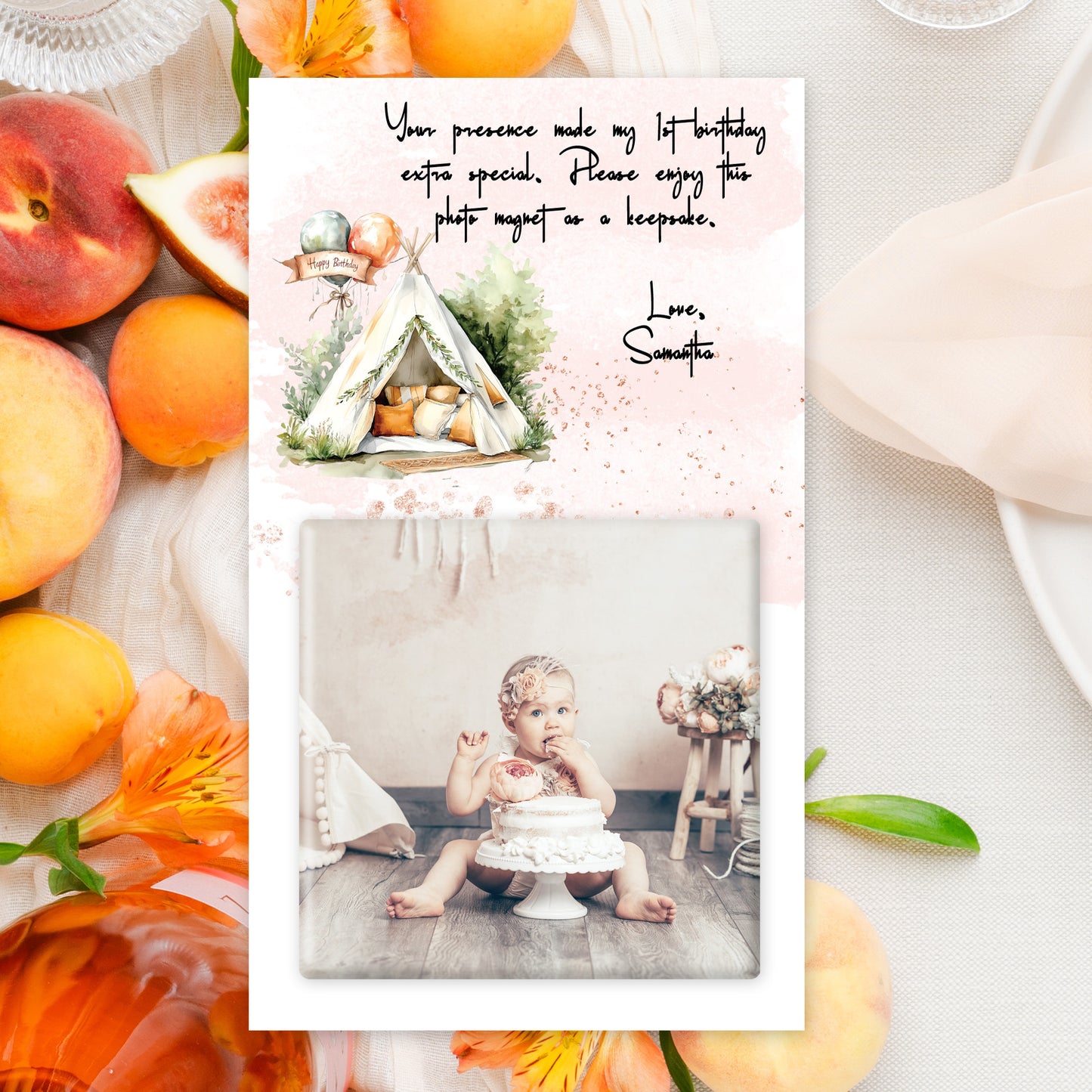 1st Birthday Teepee Invitation Bundle with 3" Square Photo Magnet Button Option