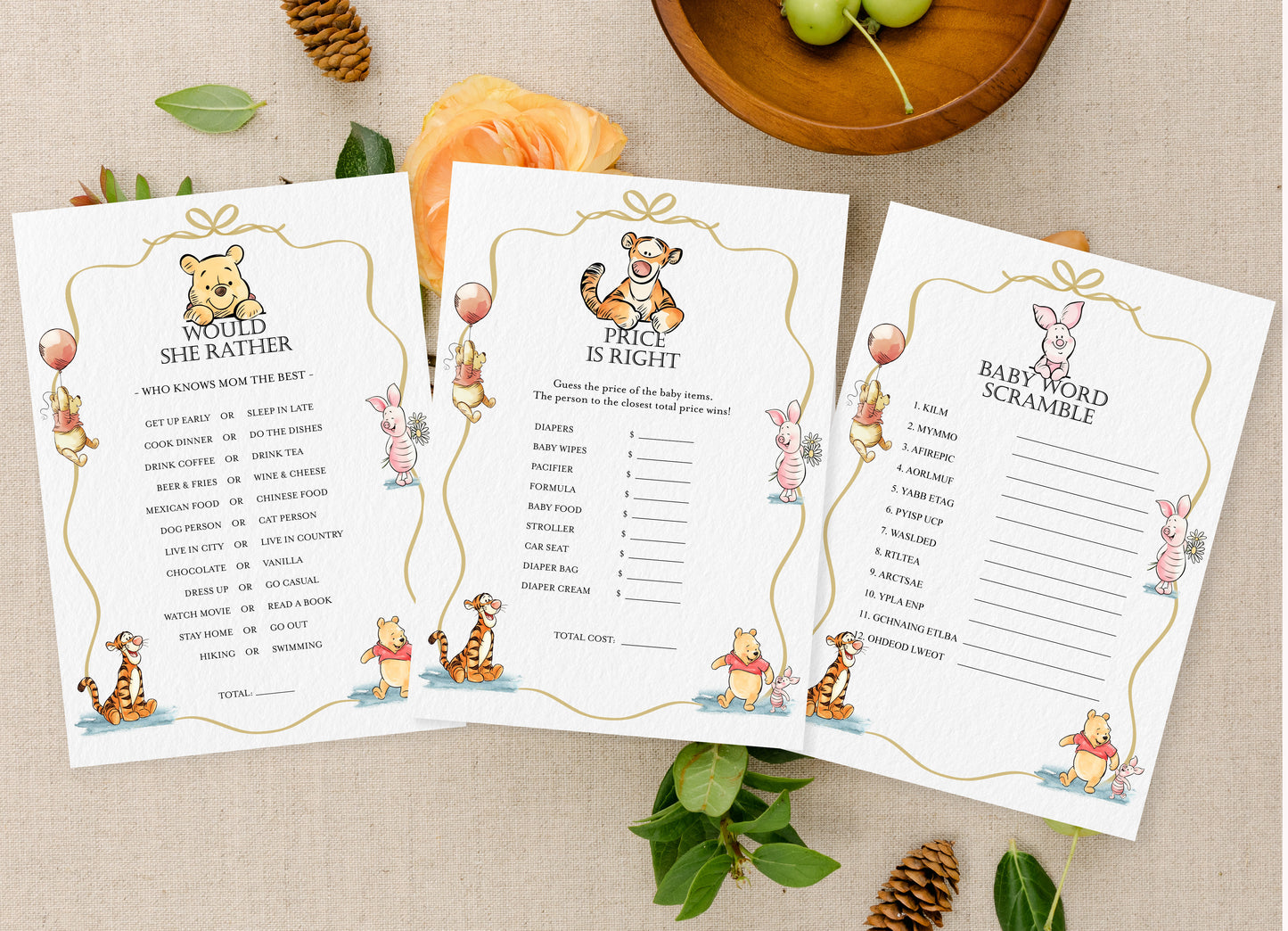 Winnie the Pooh Baby Shower Game Cards