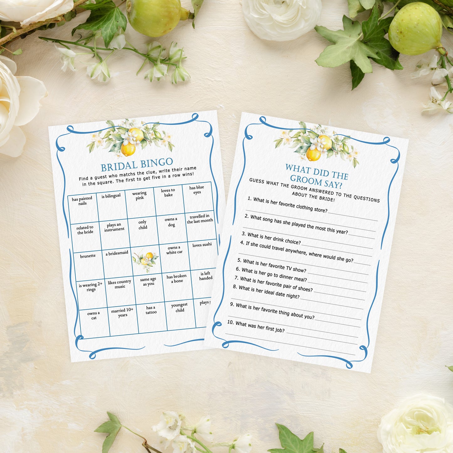 Blue Citrus Lemon Bridal Shower Game Cards
