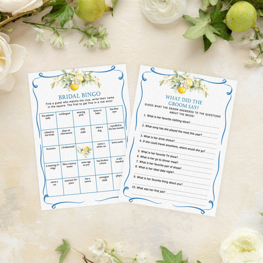 Blue Citrus Lemon Bridal Shower Game Cards