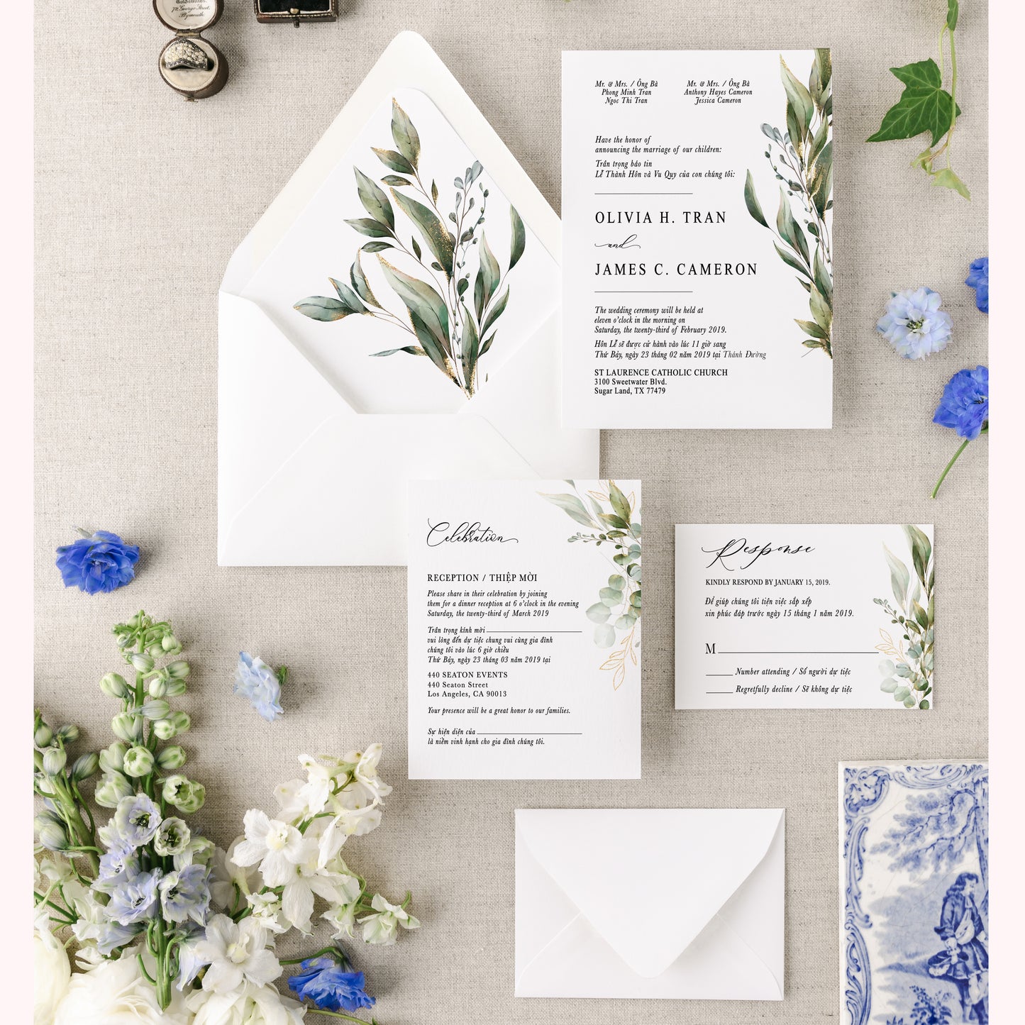 BRIE | Bilingual Vietnamese Wedding Invitation Suite Bundle with 3" Square Photo Magnet Button Option