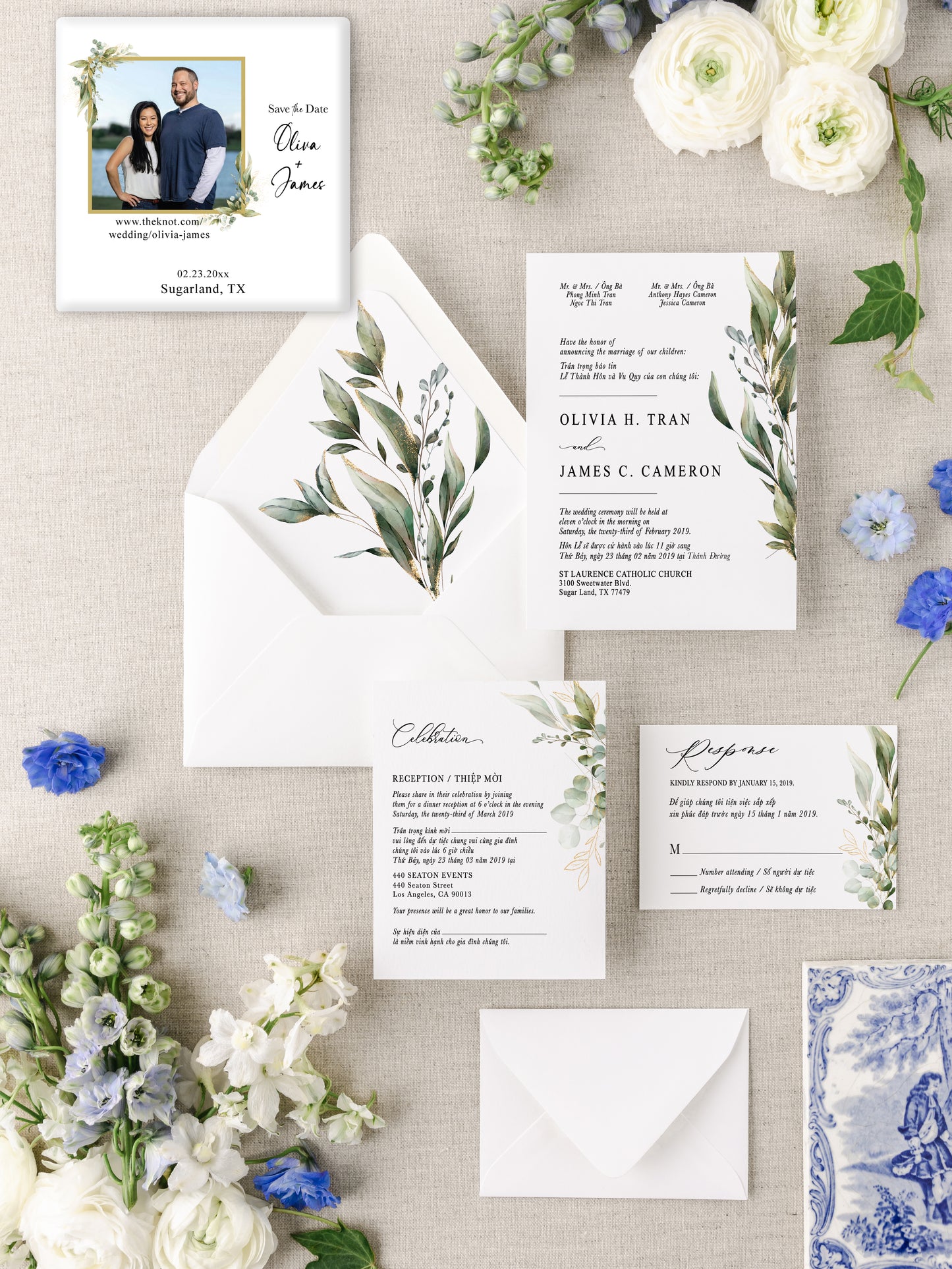 BRIE | Bilingual Vietnamese Wedding Invitation Suite + 3" Square Photo Magnet Button Bundle