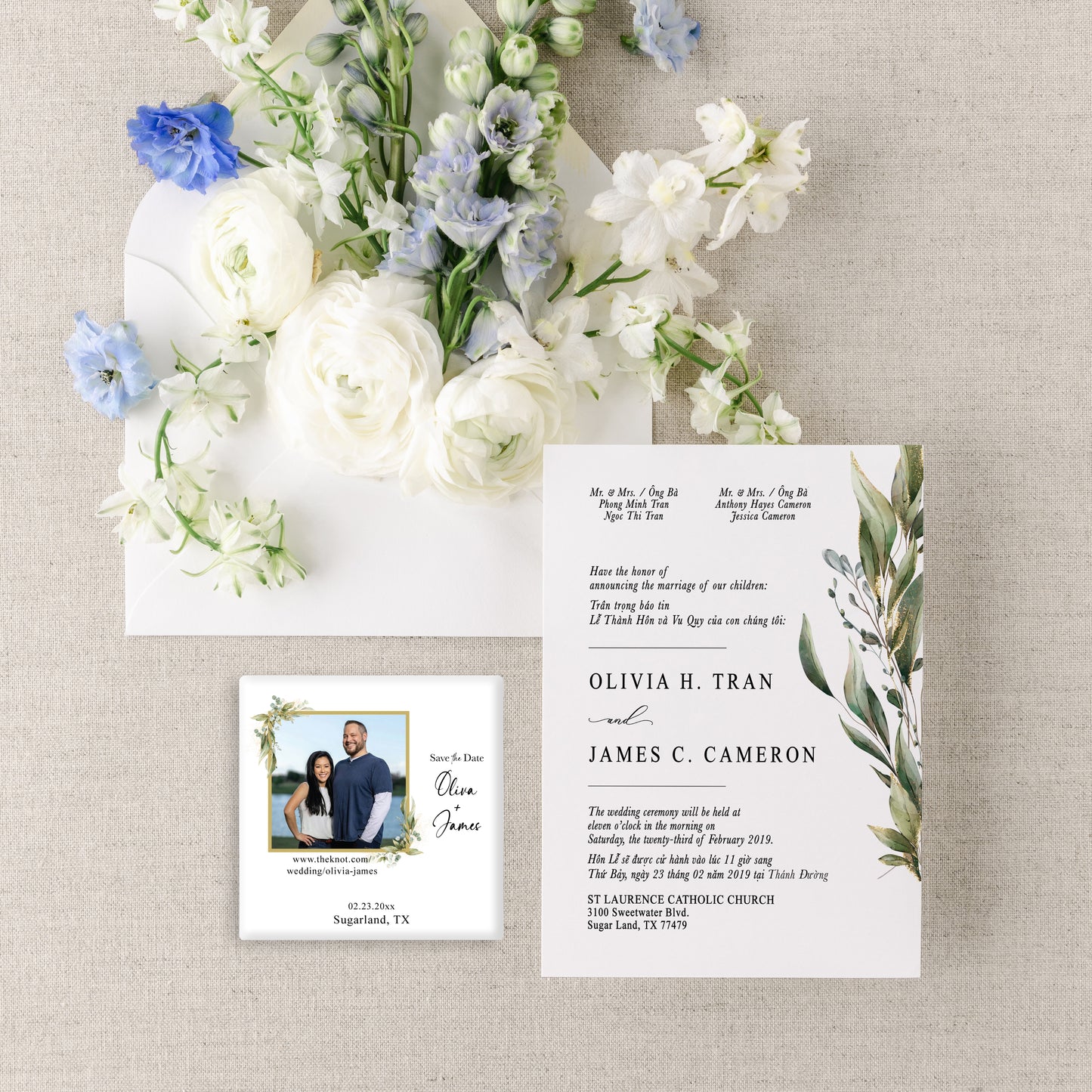 BRIE | Bilingual Vietnamese Wedding Invitation Suite + 3" Square Photo Magnet Button Bundle