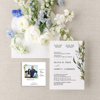 BRIE | Bilingual Vietnamese Wedding Invitation Suite + 3" Square Photo Magnet Button Bundle
