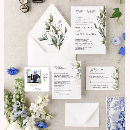 BRIE | Bilingual Vietnamese Wedding Invitation Suite Bundle with 3" Square Photo Magnet Button Option