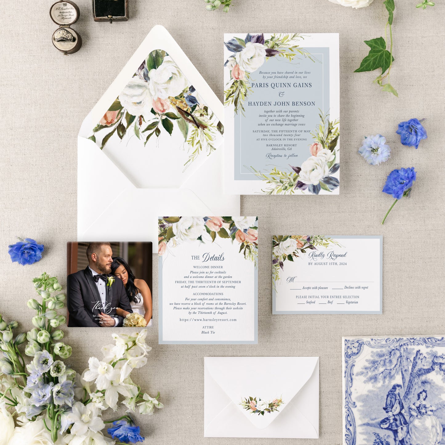 CARMELA (Design 1) | Bilingual Vietnamese Wedding Invitation Suite Bundle with 3" Square Photo Magnet Button Option