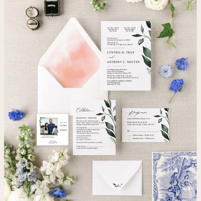 CHARLOTTE | Bilingual Vietnamese Wedding Invitation Suite Bundle with 3" Square Photo Magnet Button Option