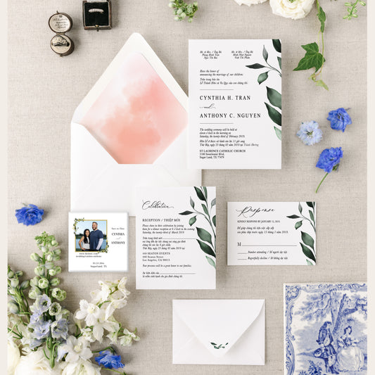 CHARLOTTE | Bilingual Vietnamese Wedding Invitation Suite Bundle with 3" Square Photo Magnet Button Option