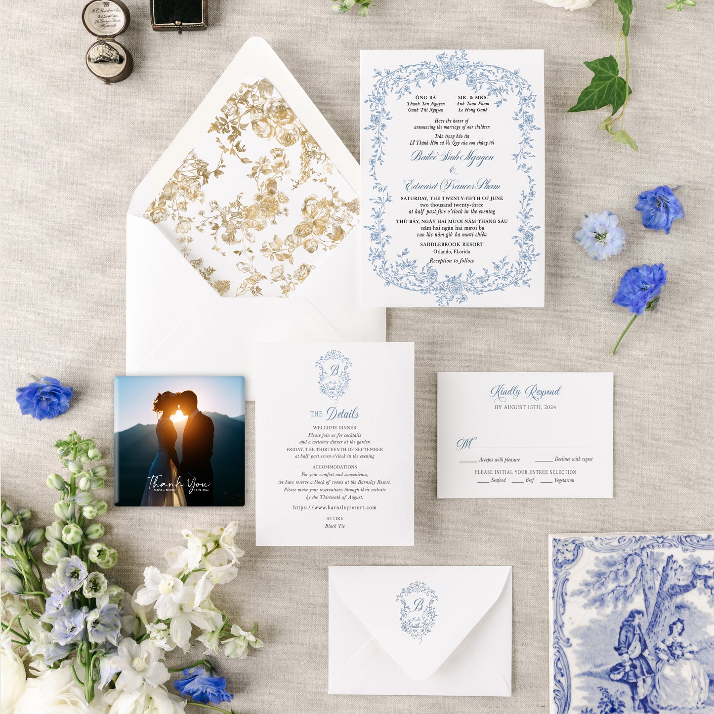 COLETTE | Bilingual Vietnamese Wedding Invitation Suite Bundle with 3" Square Photo Magnet Button Option