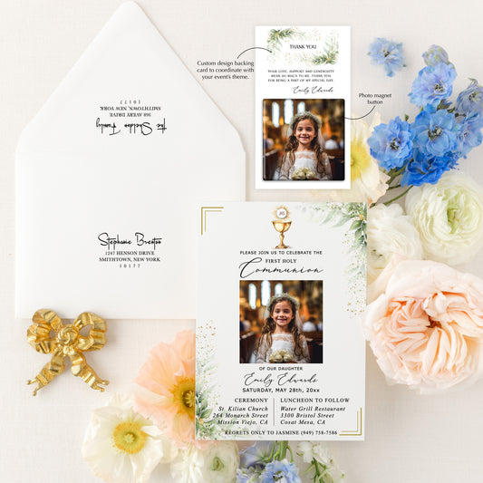 First Holy Communion Invitation Bundle with Photo Magnet Button Option