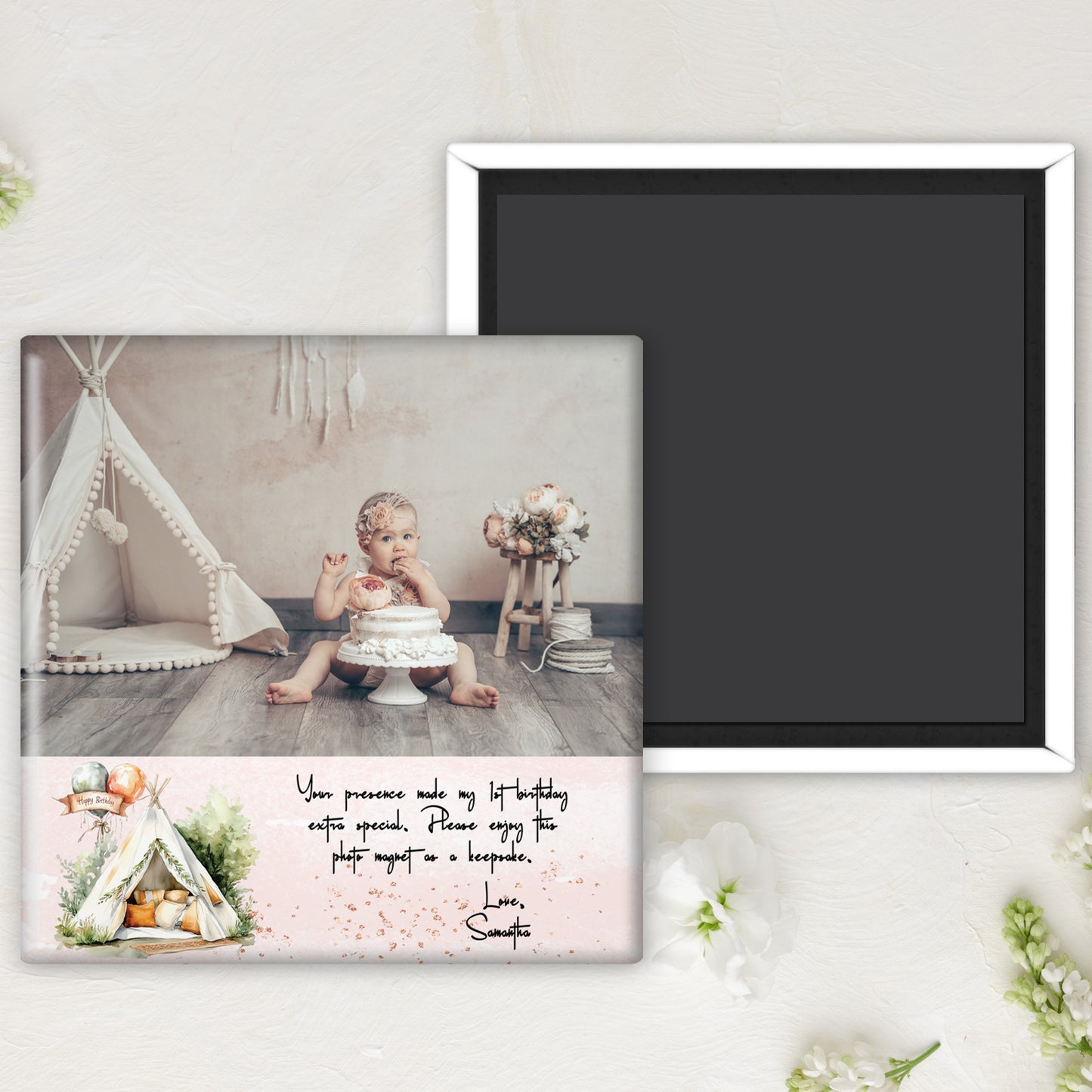 1st Birthday Teepee Invitation Bundle with 3" Square Photo Magnet Button Option