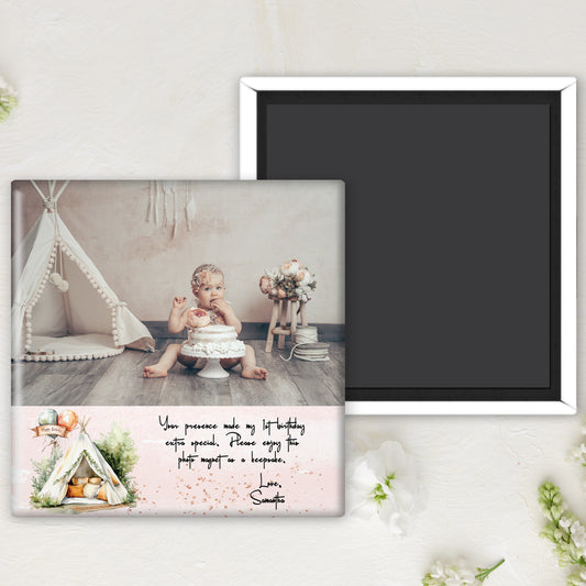 1st Birthday Teepee Invitation Bundle with 3" Square Photo Magnet Button Option