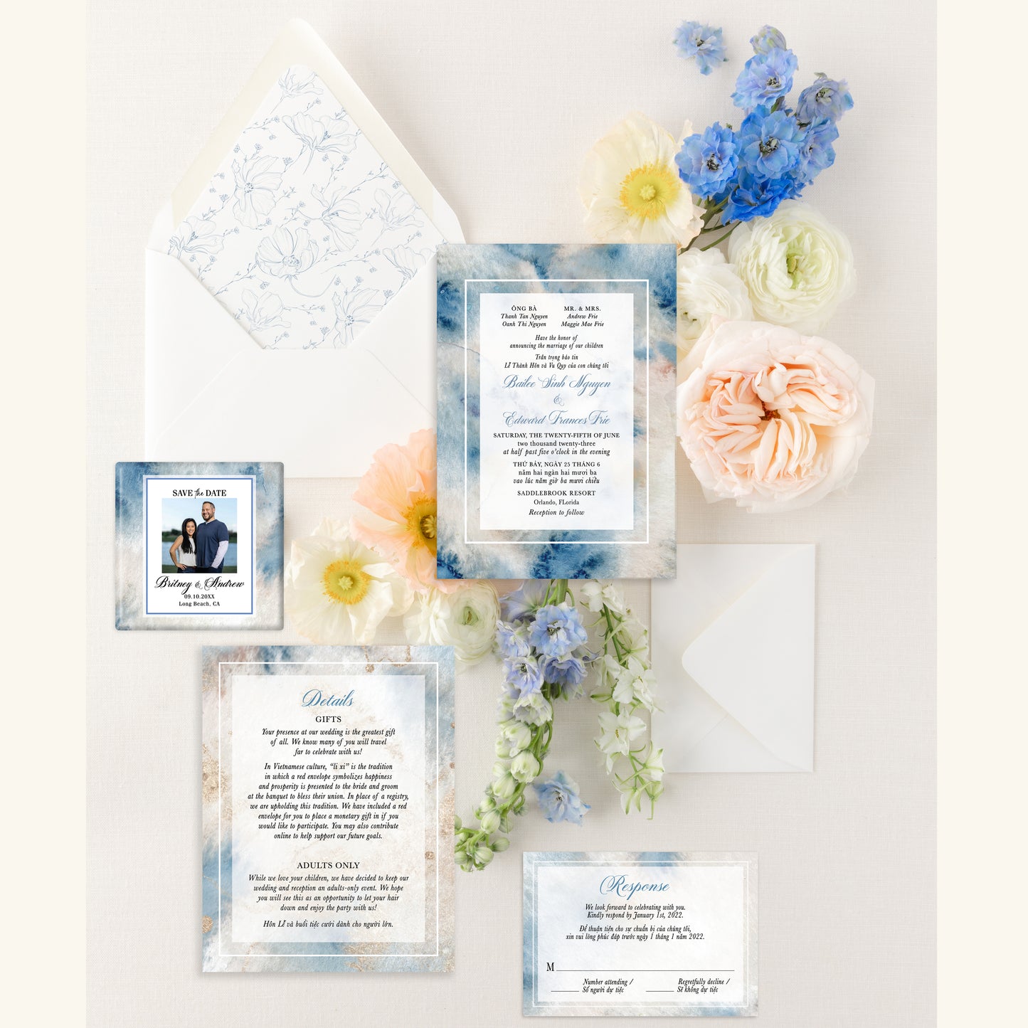 EVALYNN | Bilingual Vietnamese Wedding Invitation Suite Bundle with 3" Square Photo Magnet Button Option