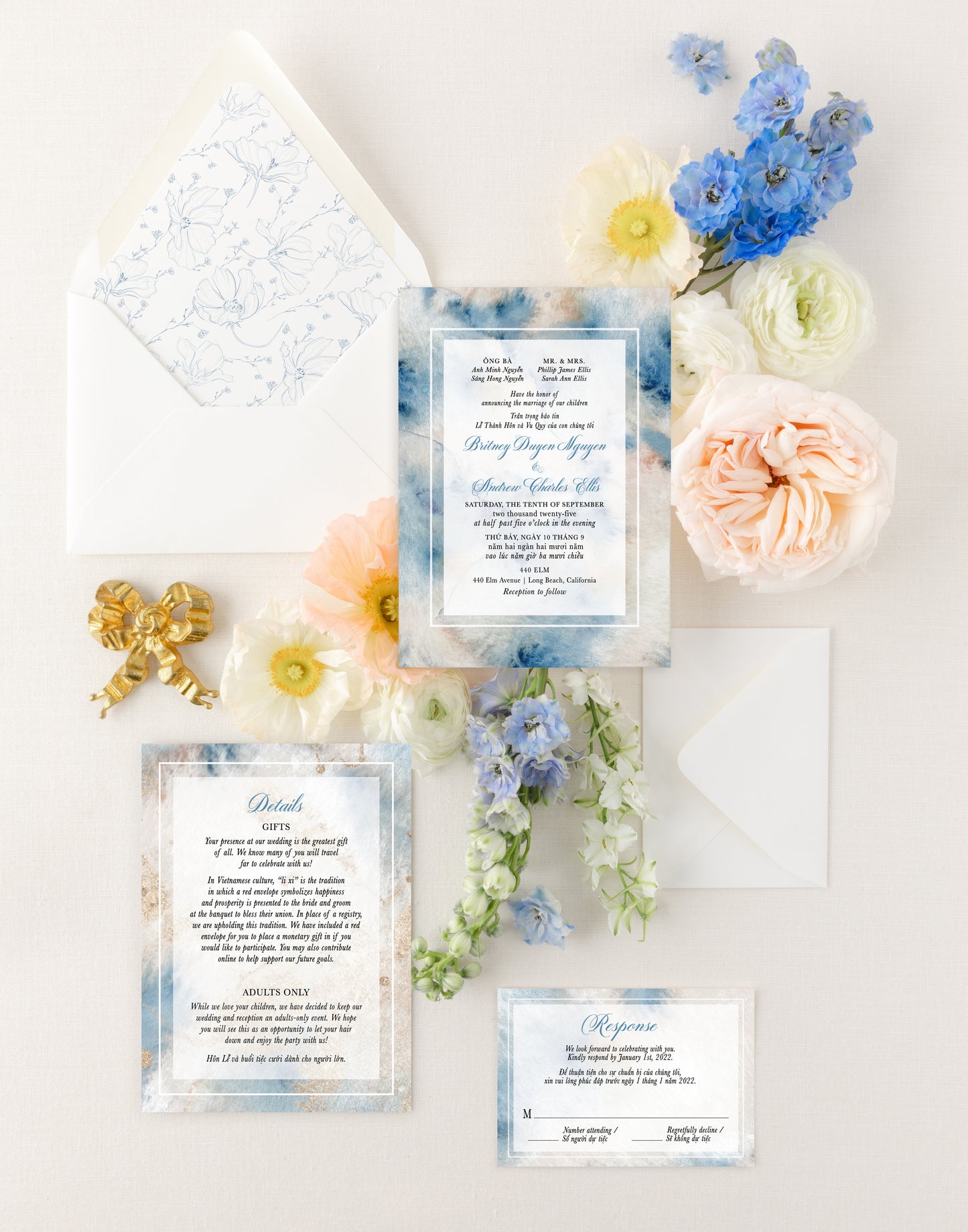 EVALYNN | Bilingual Vietnamese Wedding Invitation Suite Bundle with 3" Square Photo Magnet Button Option