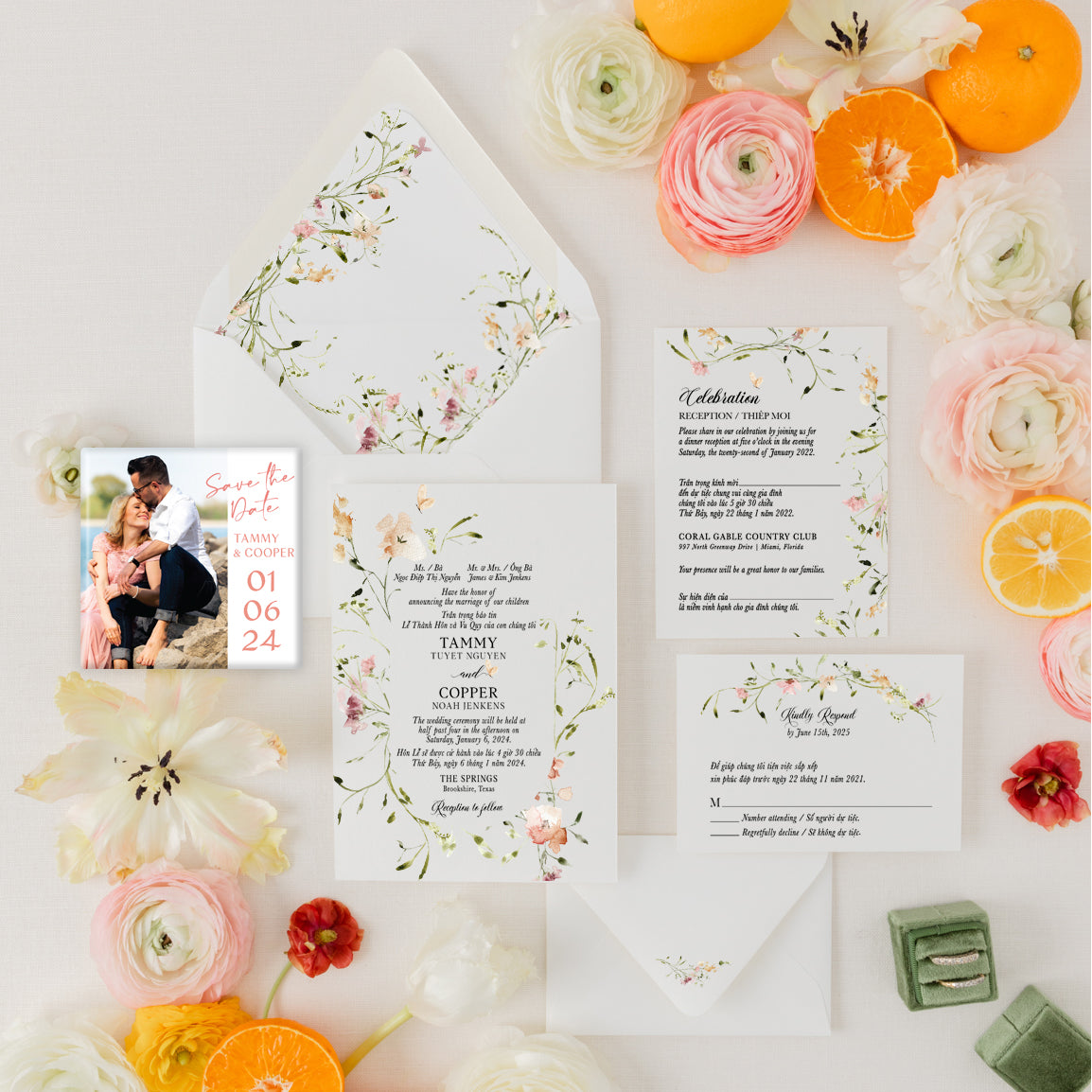 MADISON | Bilingual Vietnamese Wedding Invitation Suite Bundle with 3" Square Photo Magnet Button Option