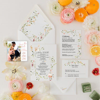 MADISON | Bilingual Vietnamese Wedding Invitation Suite Bundle with 3" Square Photo Magnet Button Option