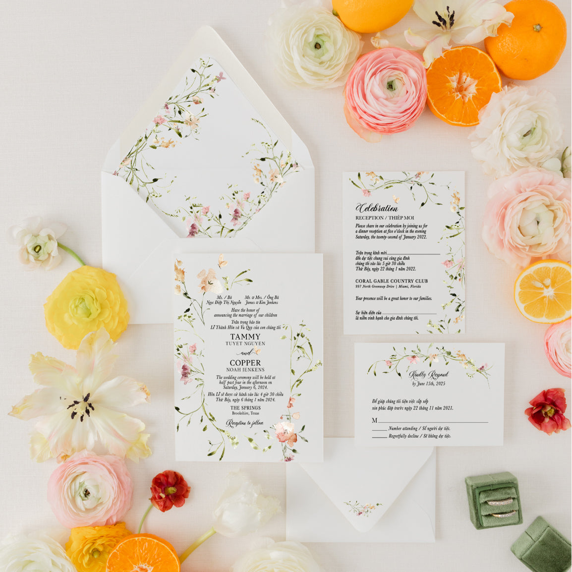 MADISON | Bilingual Vietnamese Wedding Invitation Suite Bundle with 3" Square Photo Magnet Button Option