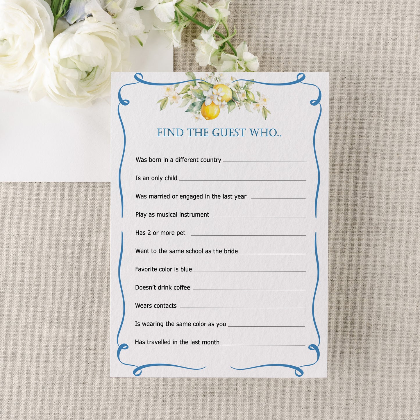 Blue Citrus Lemon Bridal Shower Game Cards
