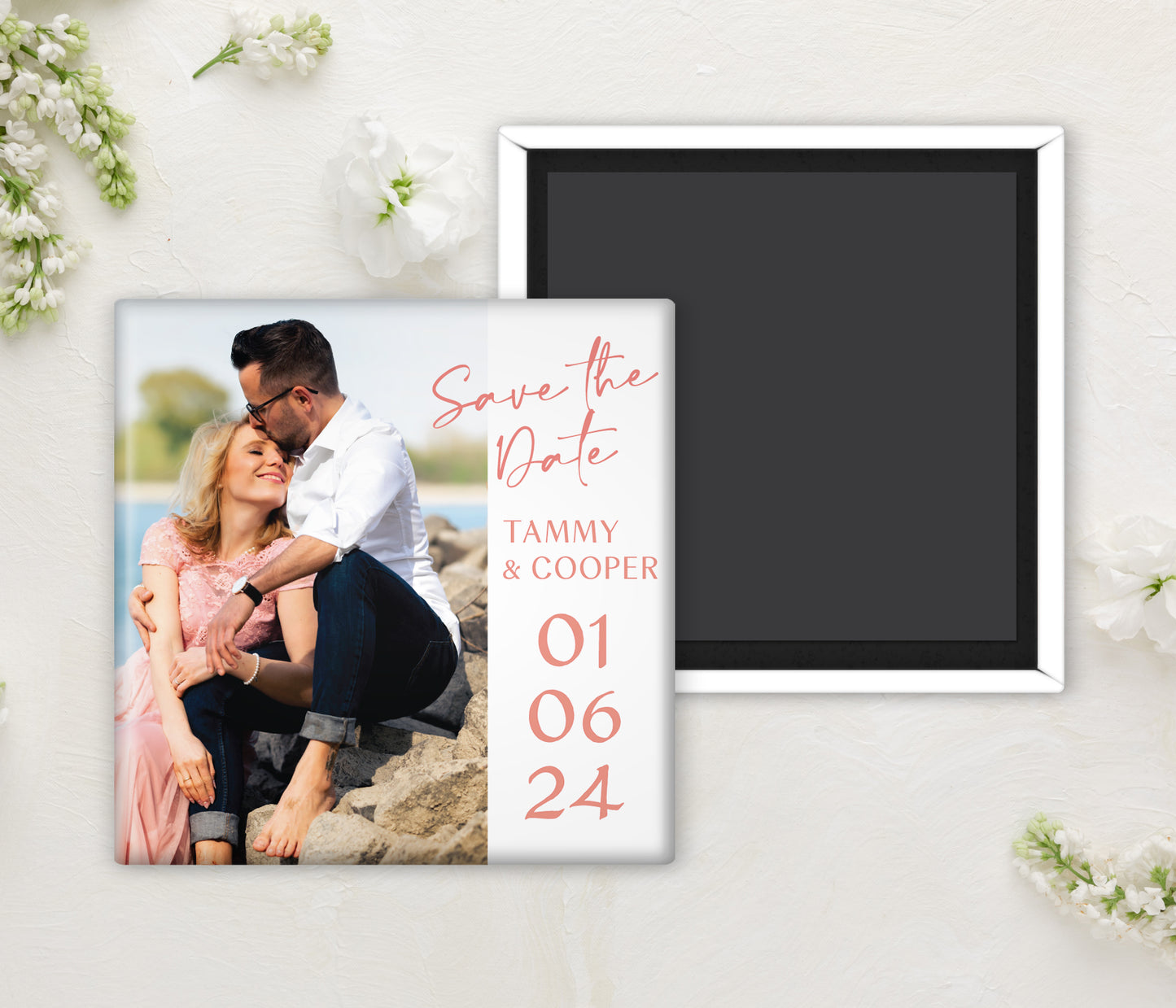 Personalized 'Save the Date' photo magnet button with a photo of the couple and text on a white background.