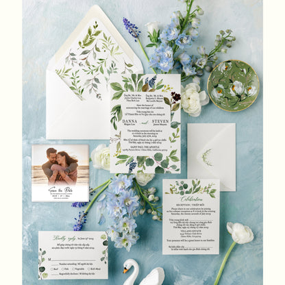 CHLOE | Bilingual Vietnamese Wedding Invitation Suite Bundle with 3" Square Photo Magnet Button Option