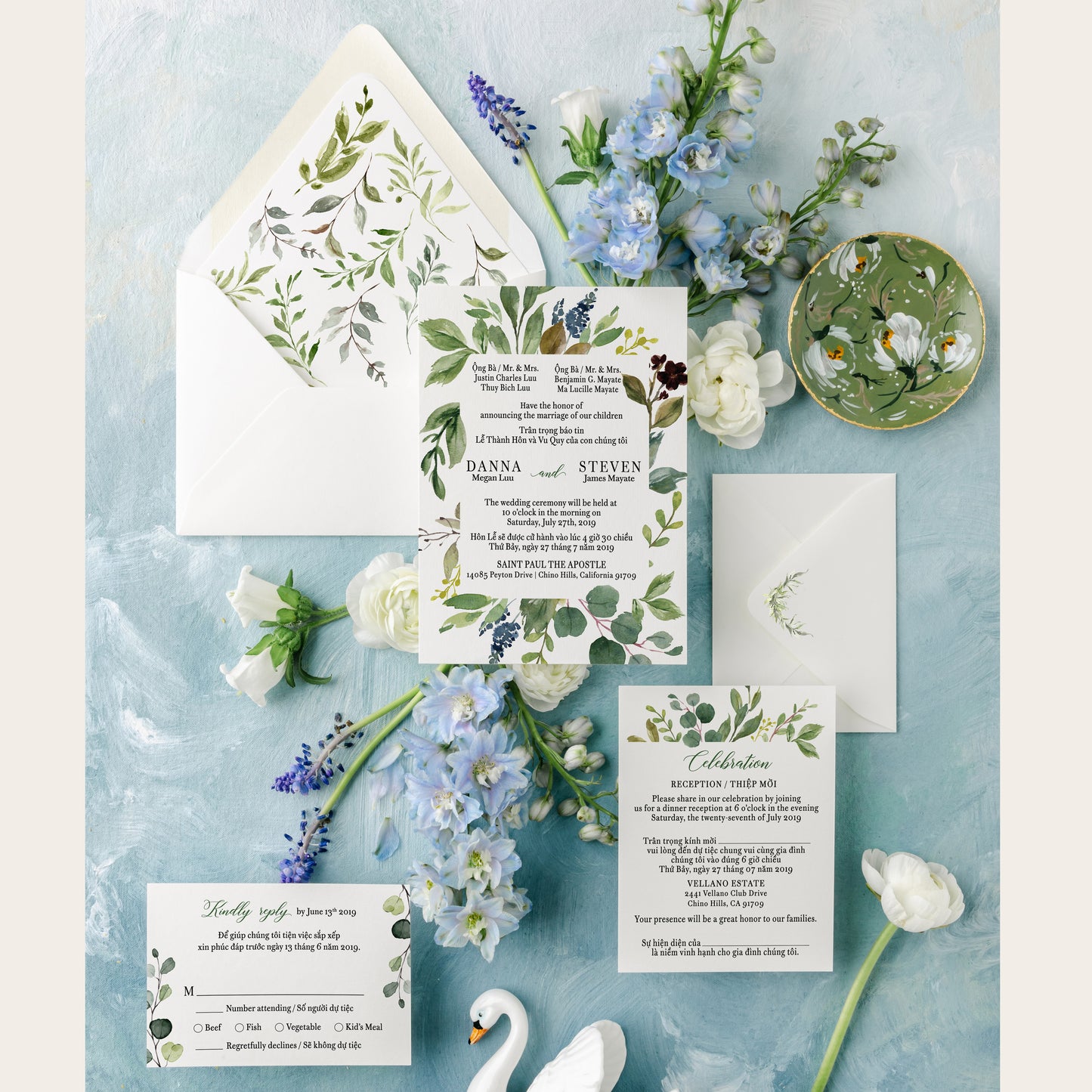 CHLOE | Bilingual Vietnamese Wedding Invitation Suite Bundle with 3" Square Photo Magnet Button Option