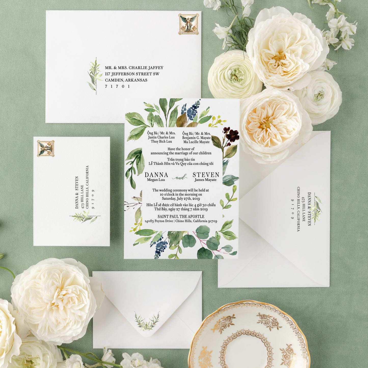CHLOE | Bilingual Vietnamese Wedding Invitation Suite Bundle with 3" Square Photo Magnet Button Option