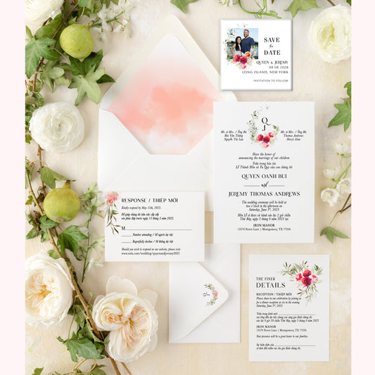 HAYLE | Bilingual Vietnamese Wedding Invitation Suite Bundle with 3" Square Photo Magnet Button Option
