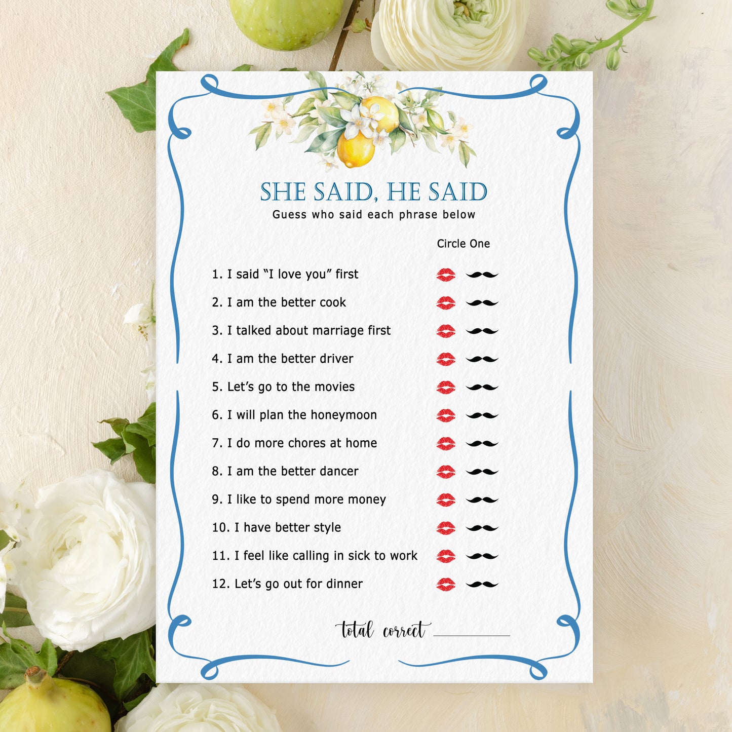 Blue Citrus Lemon Bridal Shower Game Cards