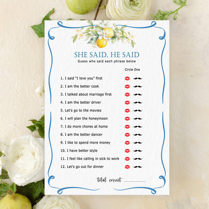 Blue Citrus Lemon Bridal Shower Game Cards