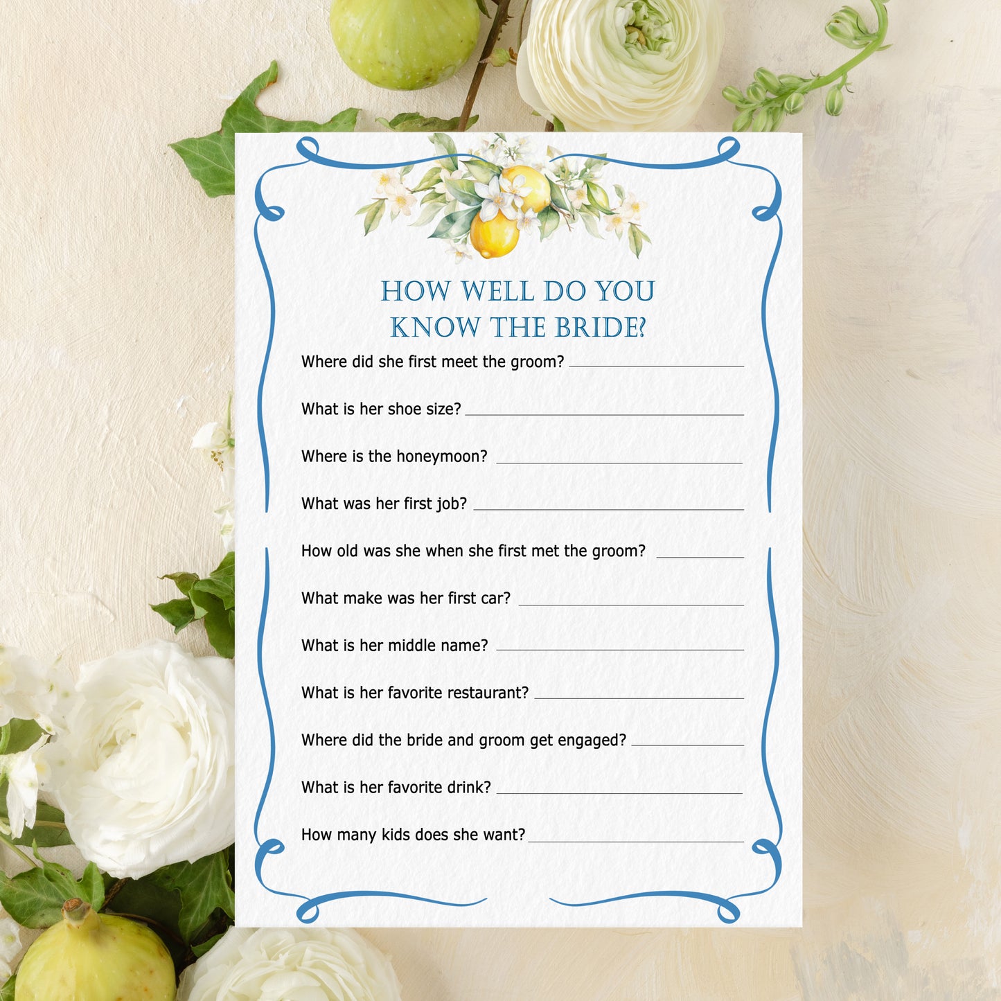 Blue Citrus Lemon Bridal Shower Game Cards