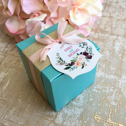 Square Favor boxes with Customizable Tags and Color Ribbons.