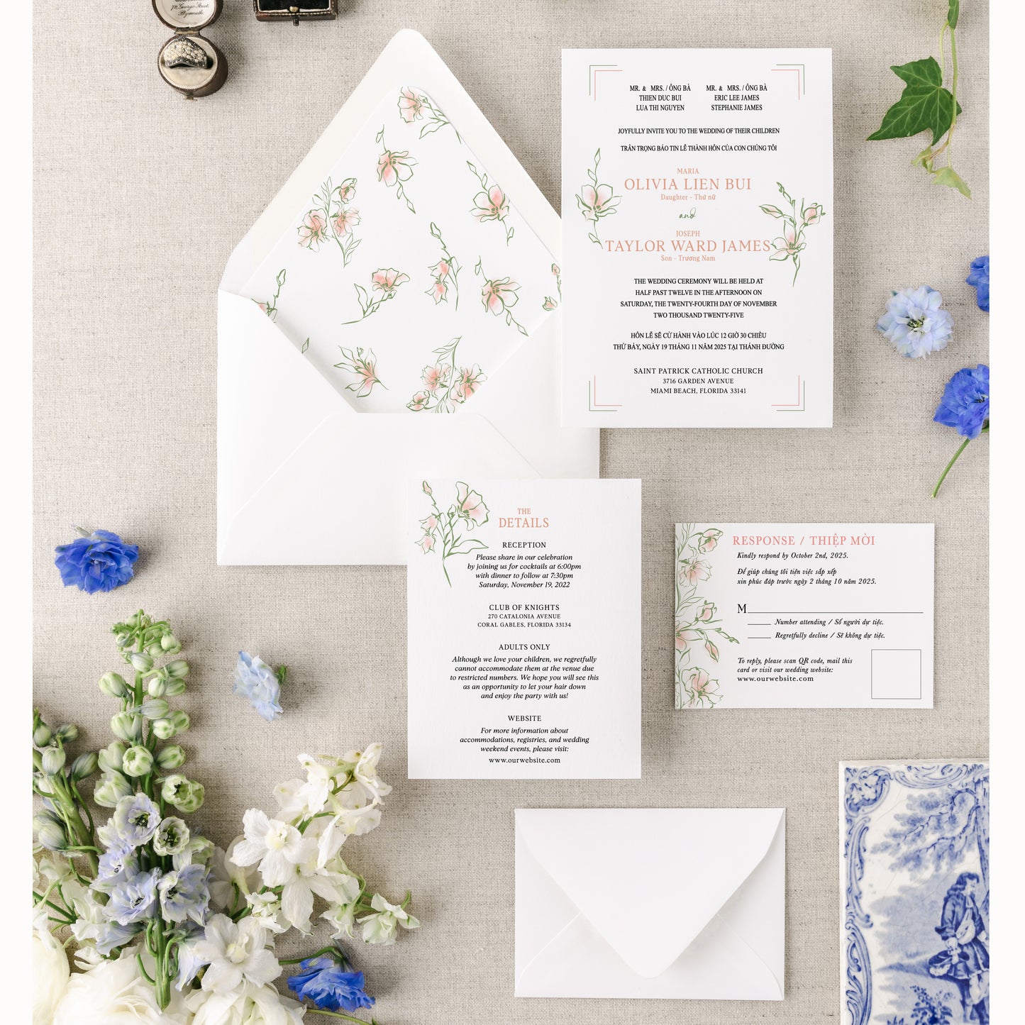 CHARLIZE | Bilingual Vietnamese Wedding Invitation Suite Bundle with 3" Square Photo Magnet Button Option