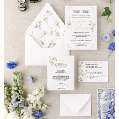 CHARLIZE | Bilingual Vietnamese Wedding Invitation Suite Bundle with 3" Square Photo Magnet Button Option