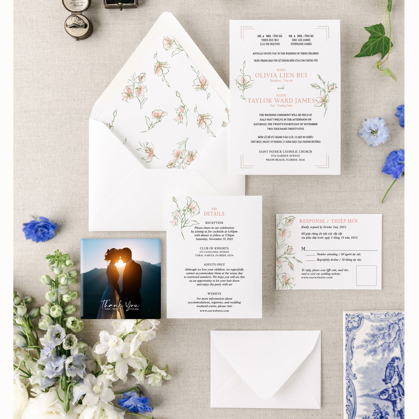 CHARLIZE | Bilingual Vietnamese Wedding Invitation Suite Bundle with 3" Square Photo Magnet Button Option