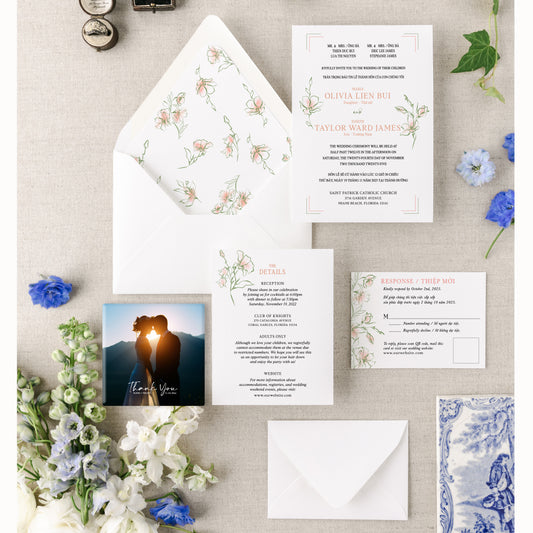 CHARLIZE | Bilingual Vietnamese Wedding Invitation Suite Bundle with 3" Square Photo Magnet Button Option