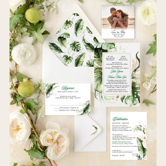 CICELY | Bilingual Vietnamese Wedding Invitation Suite Bundle with 3" Square Photo Magnet Button Option