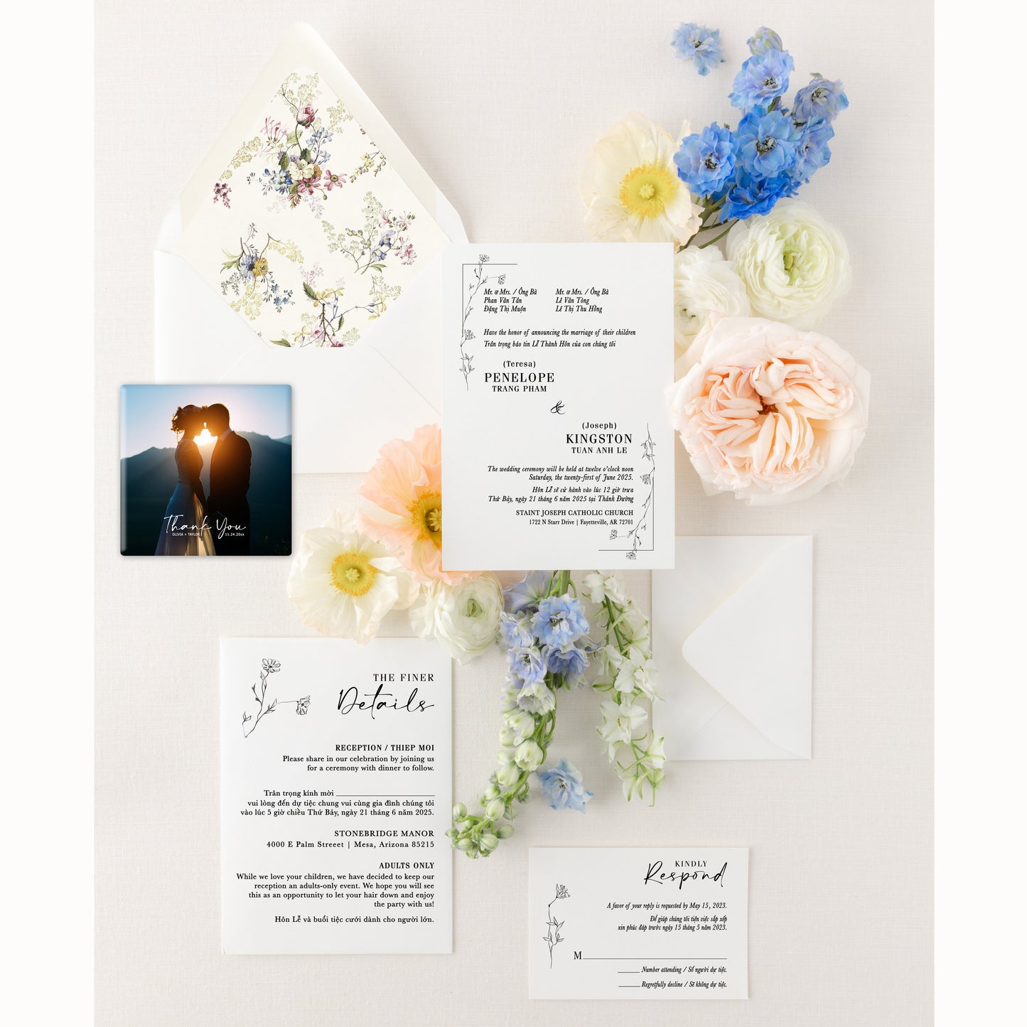 MISTY | Bilingual Vietnamese Wedding Invitation Suite Bundle with 3" Square Photo Magnet Button Option