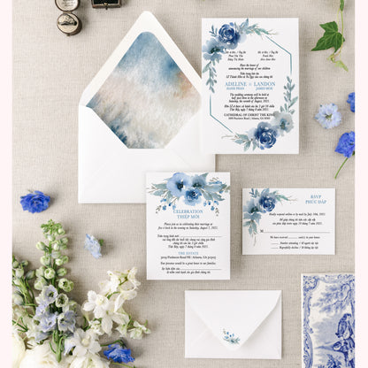 MARIELLE | Bilingual Vietnamese Wedding Invitation Suite Bundle with 3" Square Photo Magnet Button Option