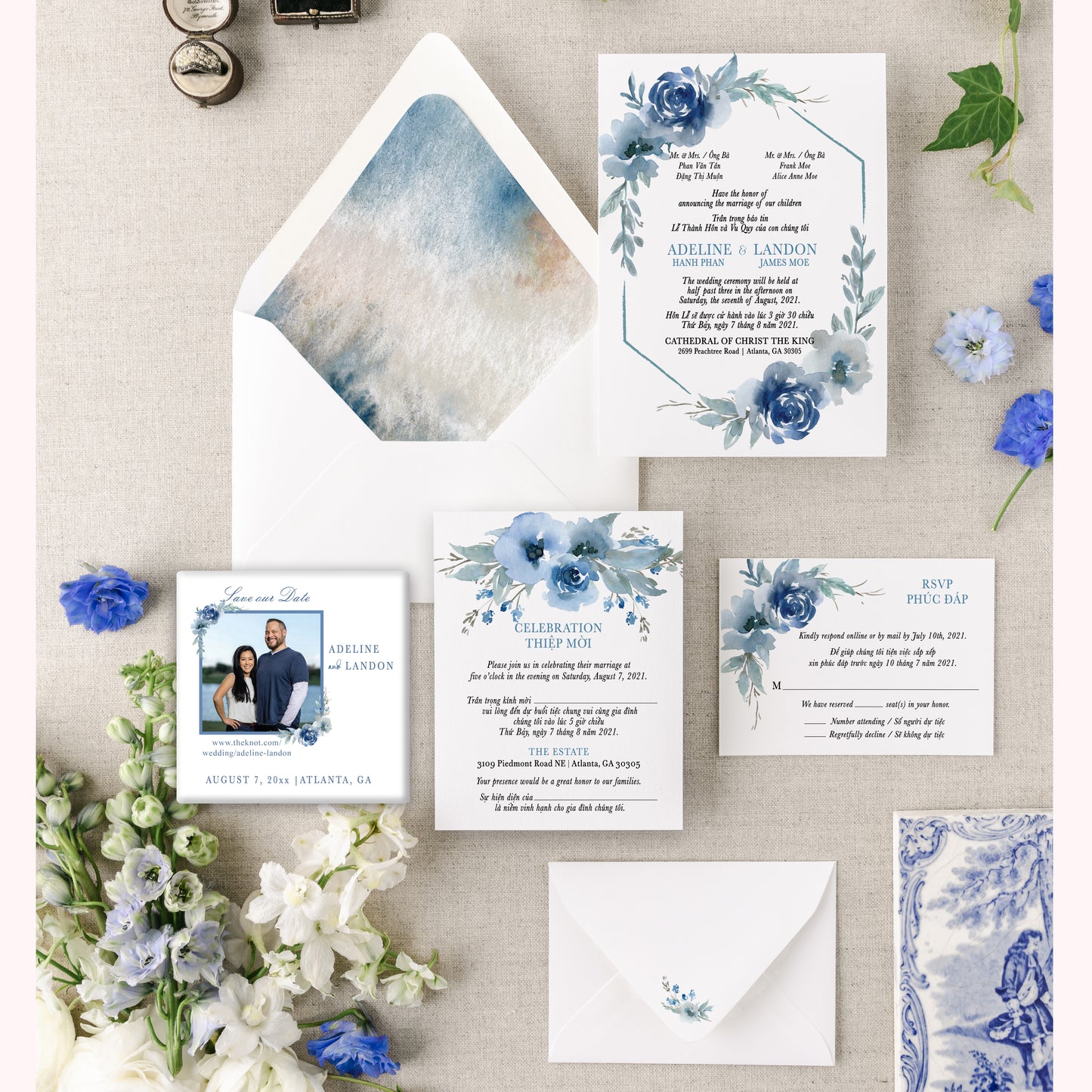 MARIELLE | Bilingual Vietnamese Wedding Invitation Suite Bundle with 3" Square Photo Magnet Button Option